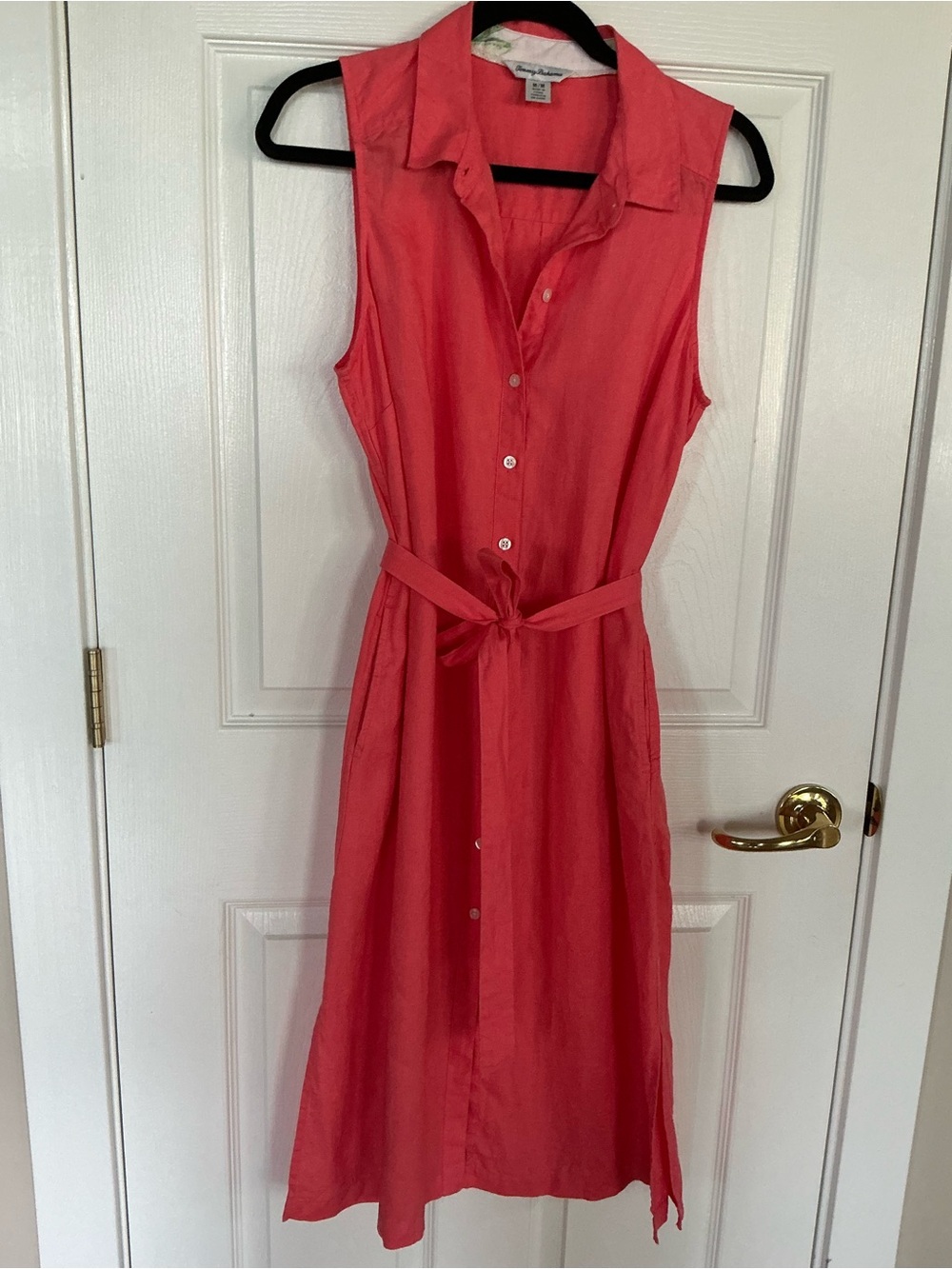 Tommy Bahama Coral Button-Front Sleeveless Midi Dress with Waist Tie